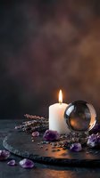 Mystical crystal ball with burning candle and amethyst stones on dark slate surface creating spiritual atmosphere for meditation and fortune telling.