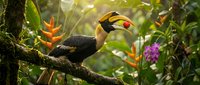 Colorful toucan bird perched on branch in lush tropical rainforest with vibrant flowers and green foliage creating natural wildlife habitat scene.