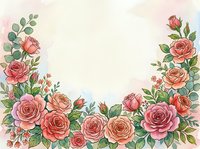 Watercolor roses and eucalyptus leaves frame a cream background, creating an elegant floral border. Isolated design element suitable for invitations, greeting cards, and wedding stationery projects.