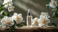 Glass dropper bottle with natural cosmetic serum on wooden surface surrounded by delicate white jasmine flowers in soft sunlight, beauty product photography.