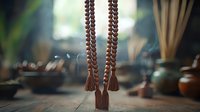 Wooden prayer beads with tassels on rustic table in atmospheric lighting, spiritual meditation accessories against blurred background with incense and ritual items.