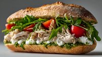 Gourmet sandwich with sliced turkey, fresh arugula, cherry tomatoes and cream cheese on artisan bread roll for lunch menu and food photography.