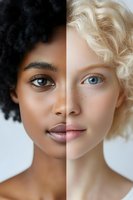 Split portrait showing contrasting skin tones and features - one side with dark skin and curly hair, other side with fair skin and blonde hair, highlighting diversity and beauty.