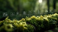Digital sustainability icons displayed on moss-covered log in forest setting, representing eco-friendly technology solutions for environmental conservation.