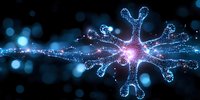 Glowing blue neuron cell with dendrites on dark background with bokeh lights, scientific visualization showing neural network connectivity and synaptic activity.