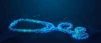 Digital blockchain network chain links glowing with blue neon light effects on dark background for cryptocurrency and technology concepts.