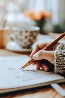 Female hand writing with copper pen on paper, cozy morning atmosphere with floral pattern cup in background, warm natural lighting for lifestyle blogs.