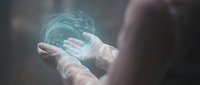 Hands holding glowing digital hologram with circuit board pattern, representing technology innovation, data processing, and futuristic digital transformation for tech concepts.