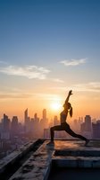 Woman practicing yoga warrior pose on rooftop at sunrise with city skyline backdrop for wellness and fitness lifestyle concepts.