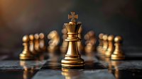Golden chess king piece standing in front of aligned pawns on dark reflective surface with dramatic lighting and shallow depth of field, symbolizing leadership and strategy.