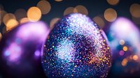 Glittering Easter egg with purple and blue sparkles against blurred bokeh background, festive holiday decoration with magical shimmer effect.