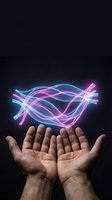 Glowing neon light trails floating above open cupped hands against dark background. Digital energy concept for technology and innovation presentations.