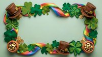 Leprechaun hats, rainbow ribbons, and shamrock clovers frame a blank center space on mint background. St. Patrick's Day themed border with gold coins and festive decorations for holiday designs.