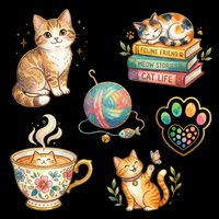 Cute cat sticker set isolated on transparent background, featuring kitten, yarn, tea cup, paw print, and books. Great for t-shirts, clipart, and print on demand.