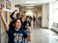 Group of diverse students celebrating spirit week in school hallway, wearing themed apparel and raising arms in excitement and school pride during festive event.