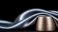 Luxurious copper-colored metallic cone shape with flowing silver glitter wave effect against black background, creating elegant contrast and dynamic movement.