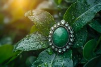 Vintage silver ring with green malachite stone and pearl frame on wet green leaves with water drops in morning sunlight, mystical jewelry photography.