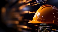 Yellow construction hard hat against dark background with programming code overlay, highlighting workplace safety in technology sector. Modern industrial concept.