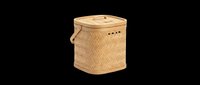 Woven bamboo basket with lid and handle, isolated on transparent background. Natural rattan storage box clipart for t-shirt design, stickers, print on demand, and sublimation.
