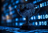 Trophy silhouette against digital binary code background in blue technological lighting, symbolizing digital achievement and cyber success in technology.