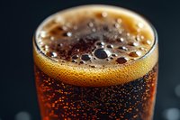 Fizzy dark cola drink with bubbles and foam in glass against black background, macro close-up shot showing carbonation and refreshing cold beverage.