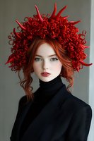 Young woman wearing black turtleneck and blazer with striking red curly headdress crown against neutral background. Dramatic fashion portrait with pale skin and red lips.