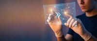 Young professional man touching futuristic holographic interface with glowing network connections and digital data visualization technology.