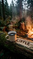 Steaming enamel mug on a mossy log with coffee carved in wood, campfire and forest in background, cozy outdoor adventure mood.