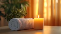 Relaxing spa composition with rolled white towel, aromatic candle and green plant on table against warm glowing background. Perfect for wellness advertising.