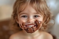Cheerful toddler with messy chocolate covered face and bright smile showing pure joy and innocent childhood moments during sweet treat indulgence.