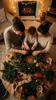 Young Caucasian family making a Christmas wreath together at home, cozy fireplace and warm lights in background, holiday tradition concept.