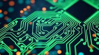 Close-up of green circuit board pathways with glowing connection points and orange bokeh lights, representing technology, data processing, and digital innovation for tech industry applications.