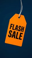 Orange flash sale price tag hanging on dark blue background, promoting limited time discount offer for retail and e-commerce marketing.