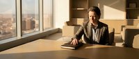 Mature Caucasian male professional in business suit working at wooden desk in modern high-rise office with city skyline view, suitable for corporate, business leadership, and workplace concepts.