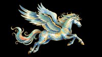 Ornate flying horse with wings, blue and gold decorative patterns, isolated on transparent background. Great for stickers, t-shirt design, print on demand, sublimation, clipart.