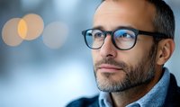 Professional middle-aged man with glasses and salt pepper beard looking thoughtfully away against blurred bokeh background, wearing blue sweater. Suitable for business concepts.