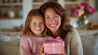 Joyful moment between woman and young girl holding pink gift box, celebrating special occasion in cozy home interior with soft lighting and floral decor.
