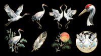 Watercolor red-crowned cranes set isolated on transparent background. Features flying, dancing, and standing poses with feather and botanical elements. For stickers, sublimation, t-shirt design.