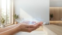 Cupped hands holding glowing light energy in modern minimalist living room with natural sunlight streaming through windows for wellness and healing concepts.