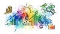 Creative business innovation concept with lightbulb, growth chart, gears and coins on colorful watercolor background for startup and entrepreneurship projects.
