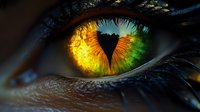 Close-up of a feline eye with golden yellow and green iris surrounding a vertical heart-shaped pupil, showcasing detailed texture and warm lighting for animal and nature projects.