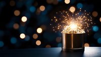 Glowing sparkler in metallic container against dark background with blurred bokeh lights creates magical festive atmosphere for celebration designs.