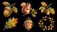 Squirrel and acorns with oak leaves isolated on transparent background, ready for t-shirt design, clipart, stickers, sublimation, and print-on-demand projects.