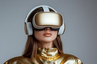 Young woman wearing VR headset and headphones in futuristic gold outfit exploring virtual reality technology for gaming and digital entertainment experiences.