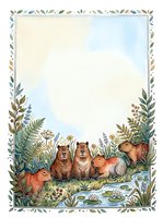 Watercolor woodland animals frame with bears, rabbits and forest plants creating decorative border for invitations, cards and stationery designs.