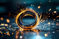 Glowing golden ring of fire and sparks against dark blue background with water reflections creates dramatic light effect for creative design projects.