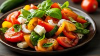 Fresh Mediterranean salad with colorful cherry tomatoes, mozzarella cheese cubes, basil leaves, and cucumber slices seasoned with herbs and olive oil on dark plate.