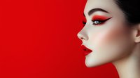 Side profile of Asian woman with dramatic red and black makeup, sharp winged eyeliner, and bold red lipstick against vibrant red background. Professional beauty portrait.
