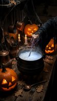 Witch stirring glowing potion in cauldron surrounded by carved jack-o-lanterns, candles, spiderwebs and vintage props on wooden table for Halloween celebration and spooky themed events.