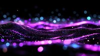 Glowing purple and blue particles form dynamic waves against dark background, creating mesmerizing abstract light effect with bokeh elements and sparkles.